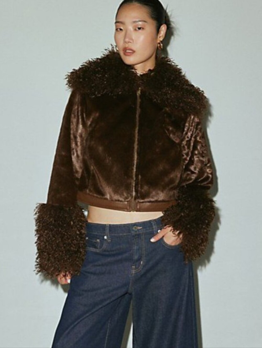 UO Silence + Noise Pony Faux Fuzzy Fur Cropped Boxy Jacket Brown Maximalist sz S
